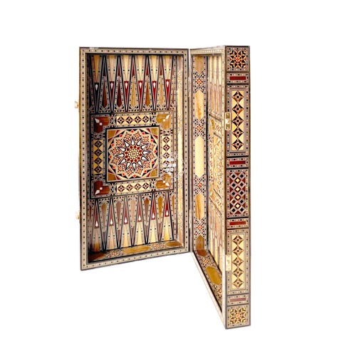 Top-down view of the closed Damascus Rose backgammon board, showing the full mosaic pattern