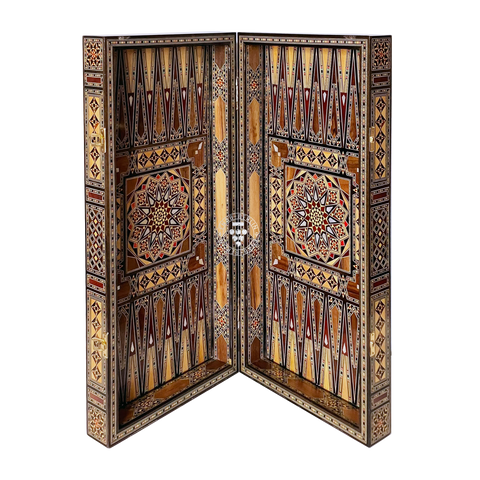 Handmade Damascus Rose backgammon board opened and displayed upright like a folding mosaic screen