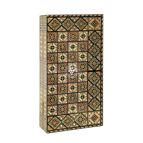 Handmade City of Jasmine backgammon board opened and displayed upright like a folding mosaic screen