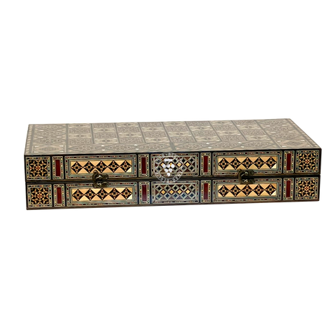 Top-down view of the closed City of Jasmine backgammon board, showing the full mosaic pattern