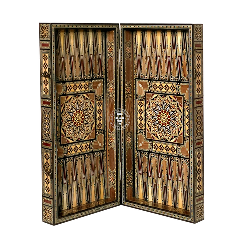 Side view of the closed City of Jasmine wooden backgammon case, showing its compact size