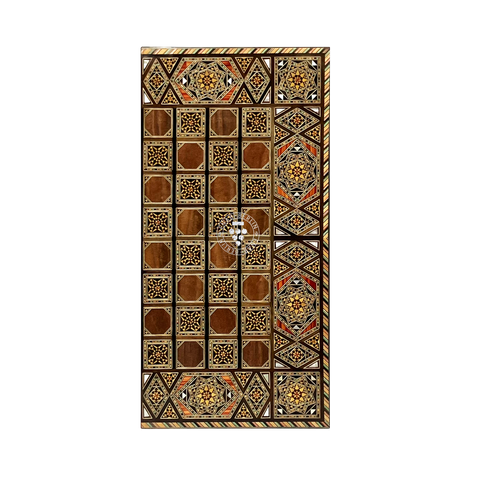 Handmade Silk Road backgammon board opened and displayed upright like a folding mosaic screen