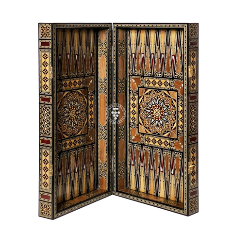 Top-down view of the closed Old Damascus backgammon board, showing the full mosaic pattern