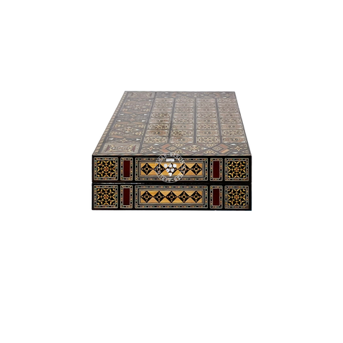 Handmade Old Damascus backgammon board opened and displayed upright like a folding mosaic screen