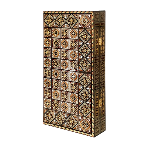 Top-down view of the closed Star of Damascus backgammon board, showing the full mosaic pattern
