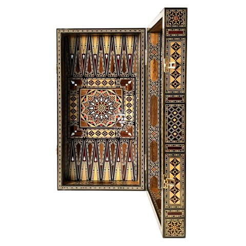 Handmade Star of Damascus backgammon board opened and displayed upright like a folding mosaic screen