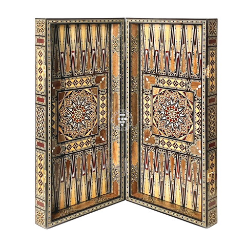 Handmade Umayyad backgammon board opened and displayed upright like a folding mosaic screen