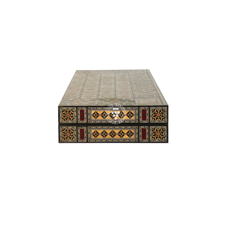 Top-down view of the closed Umayyad backgammon board, showing the full mosaic pattern