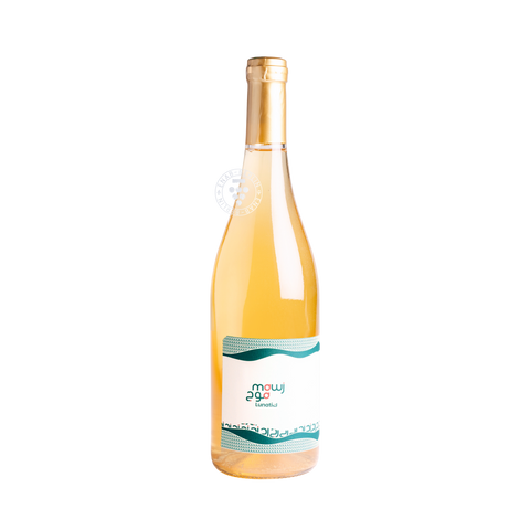 Bottle of Mawj Lunatic 2023, natural Lebanese white wine from Batroun with spontaneous fermentation.