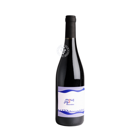 Bottle of Mawj Mourvèdre 2023, natural Lebanese red wine from Batroun made from 100% Mourvèdre.