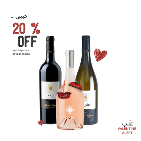 Three wine bottles with promotional text for a 20% discount on Valentine's Day.